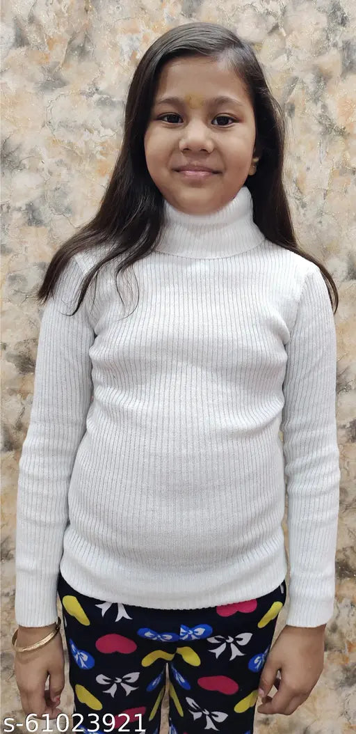 White wool sweater for girls, high neck turtleneck design, solid pattern - Pack of 1 (Size 6-15 years)