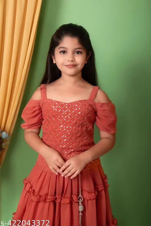 Embroidered Georgette lehenga-choli set for girls, 5-13 years, vibrant print and short sleeves, latest Indian fashion, summer-friendly style
