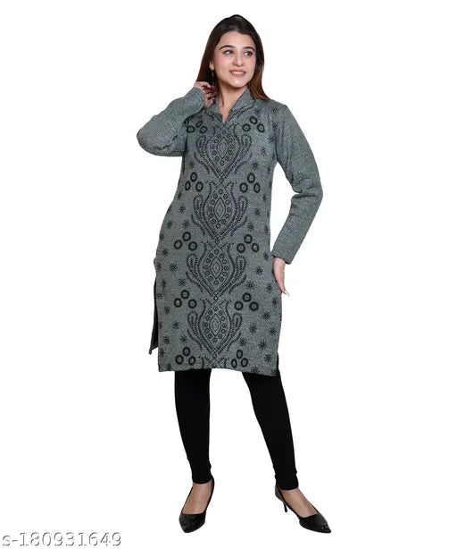Black paisley patterned women's kurta, straight cut, winter wear