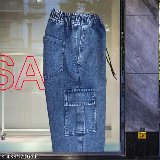 Denim cargo pants with pockets and drawstrings