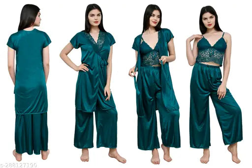 Dark Green Satin Palazzo Night Suits Set - Comfortable, Lace-trimmed Sleepwear for Women (Pack of 3)