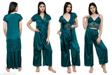 Dark Green Satin Palazzo Night Suits Set - Comfortable, Lace-trimmed Sleepwear for Women (Pack of 3)