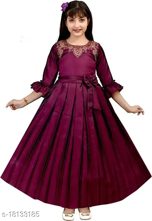 Silk maxi party dress for girls aged 3-11 years, solid pattern, Ayub Fashion India origin