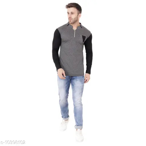 Grey cotton blend long sleeves self-design Mandarin t-shirt from Tfurnish