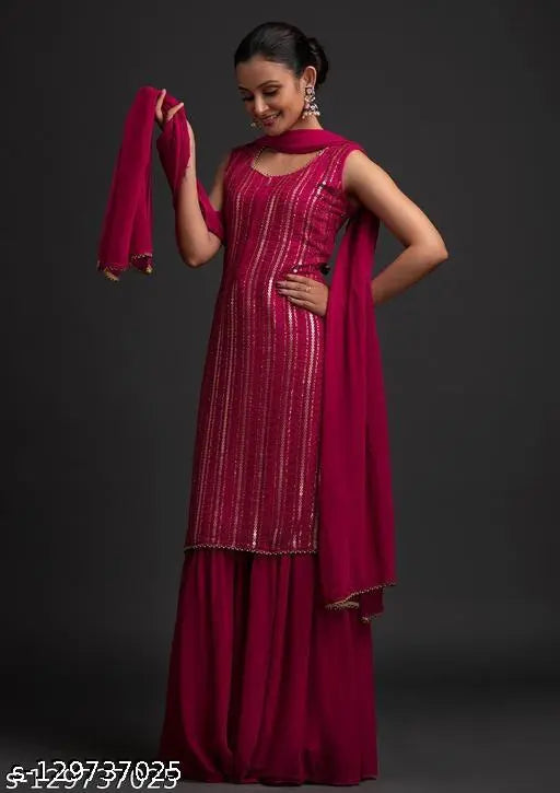 Pink embellished georgette kurta set with dupatta, sharara style, for women's wear, festive outfit