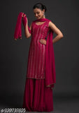 Pink embellished georgette kurta set with dupatta, sharara style, for women's wear, festive outfit