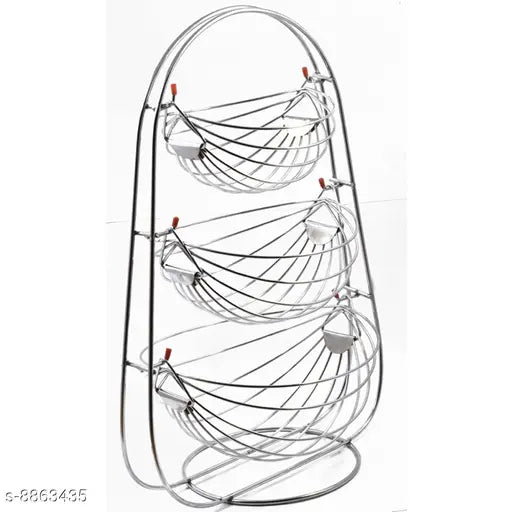 Silver-tone stainless steel 3-tier fruit and vegetable storage basket with a wire handle