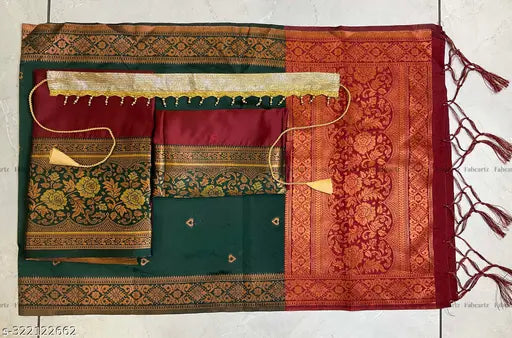 Traditional kids half saree for girls, Litchi Silk lehenga and dupatta, woven design, unstitched with tassels and belt, Indian origin