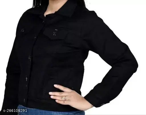 Denim jacket, solid black cotton fabric for girls and women, long sleeves, hand washable
