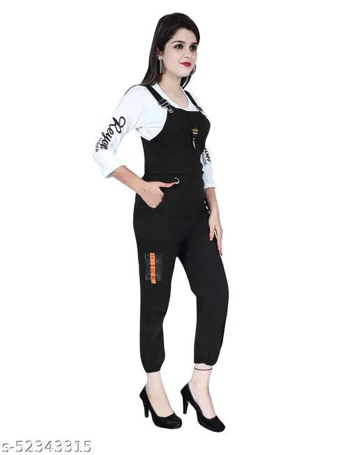 Black cotton dungaree jumpsuit for women, trendy fashionable party and casual wear, printed net pattern with three-quarter sleeves (N), sizes M (34-20-28) & L (36-20-30)