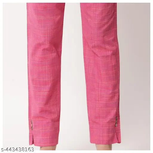 Pink checkered pants with zip closure, slim fit