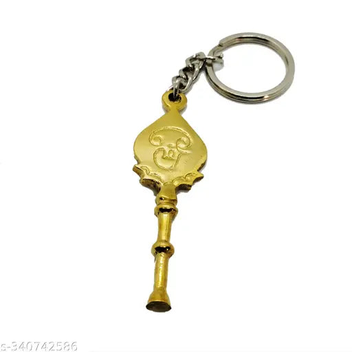 Brass Murugan keychain with OM symbol, traditional Indian car accessory