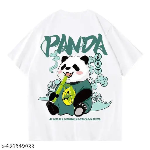 White cotton oversize round neck panda-themed T-shirt for men, trendy and western wear style