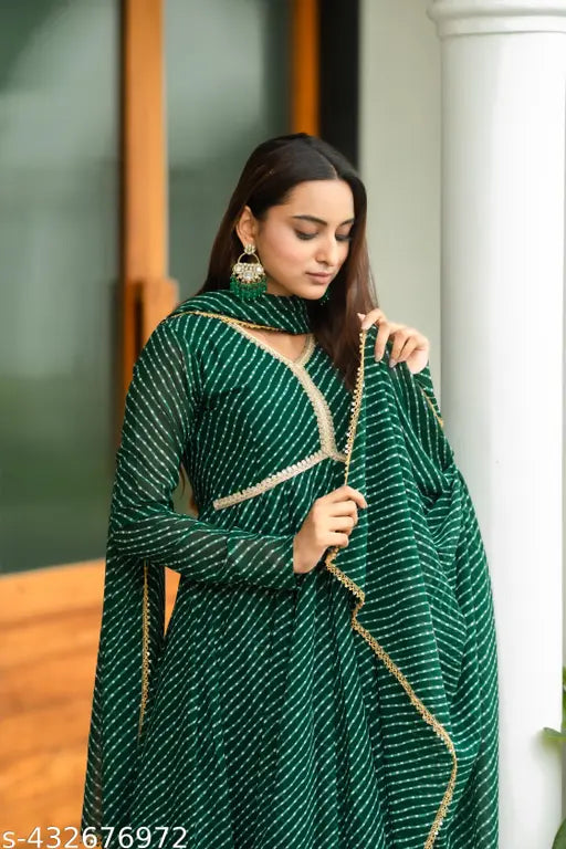 Green Georgette long-sleeve partywear kurti with printed combo, suitable for casual, formal office wear. Single size options: S (35in bust, 47in length), M (37in bust, 47in length), L (39in bust, 48in length), XL (41in bust, 48in length). Indian-origin design