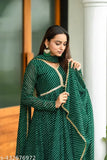 Green Georgette long-sleeve partywear kurti with printed combo, suitable for casual, formal office wear. Single size options: S (35in bust, 47in length), M (37in bust, 47in length), L (39in bust, 48in length), XL (41in bust, 48in length). Indian-origin design