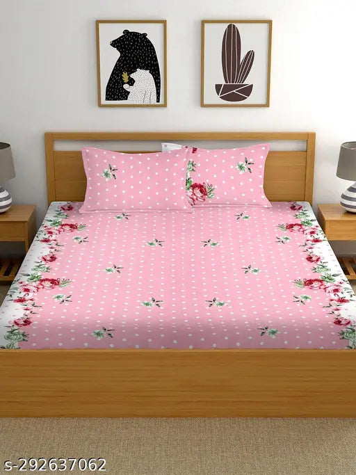 Elastic fitted cotton double bedsheet with 2 pillow covers, floral pattern, superfine quality, ideal for summer