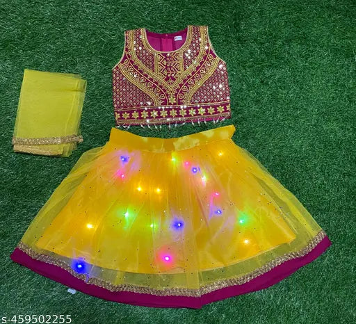 Embroidered semi-stitched kids net lehenga choli, premium quality and comfortable for 12-3 year old Indian baby in sleeveless style