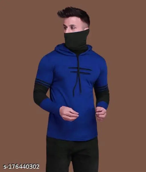 Polycotton colorblocked men's hoodie mask T-shirt, ideal for partywear streetwear and sports. Moisture-wicking fabric for comfort during workouts." (104 characters)