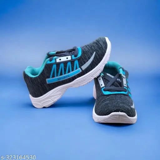 Grey athletic sneakers with blue accents, lace-up front