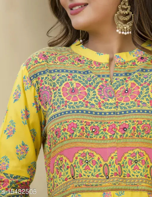 Yellow rayon slub flared printed kurti, three-quarter sleeves, Indian fashion