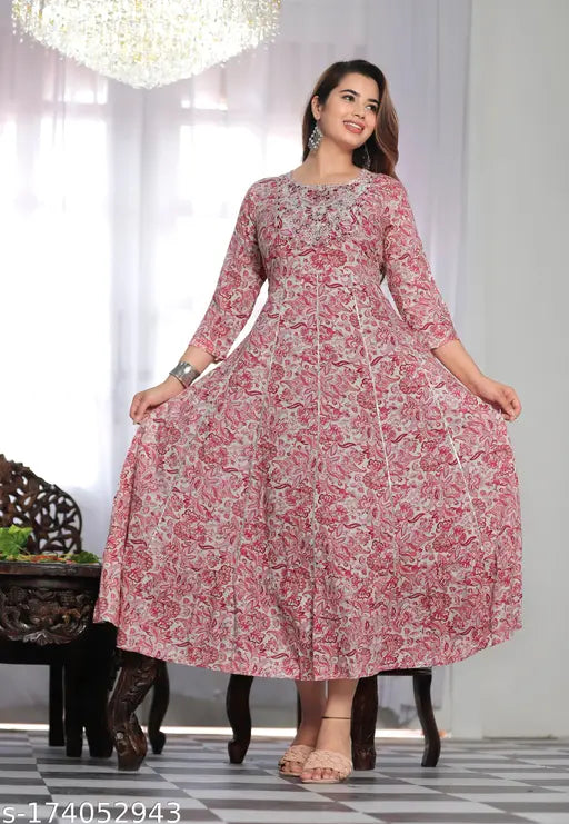 Purple rayon embroidered long kameez dress