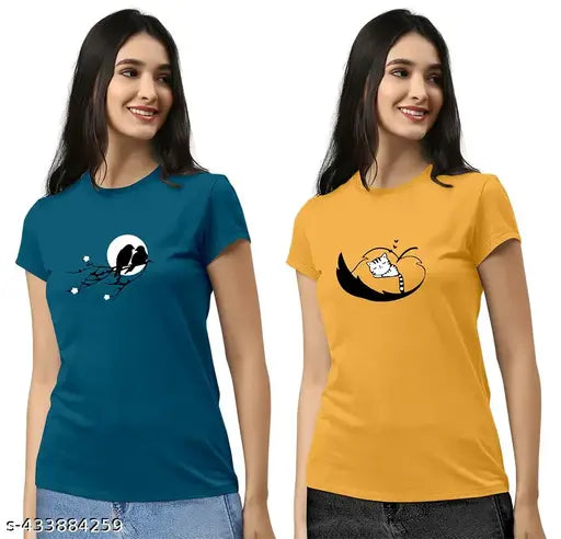 Women's trendy, oversized round-neck print t-shirt pack of 2. Loose fit, drop shoulder style. Morpeach and yellow color with half sleeve