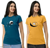 Women's trendy, oversized round-neck print t-shirt pack of 2. Loose fit, drop shoulder style. Morpeach and yellow color with half sleeve