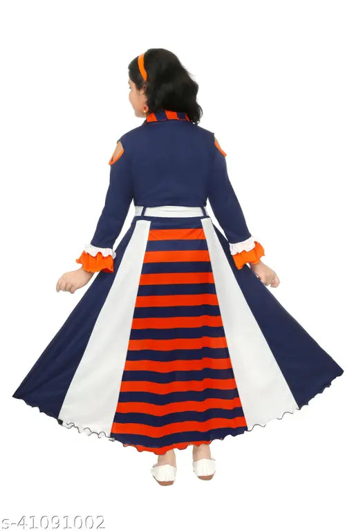 Girls cotton party wear frock. Blue and white with ruffle trim. Kids clothing size 23-101 years