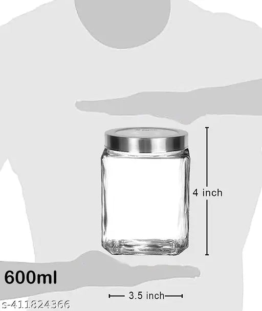 Transparent glass jars, set of 6, stainless steel lids, storage for kitchen pantry snacks and Masala Honey Pickles, 600ml capacity