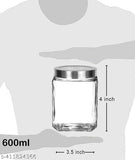 Transparent glass jars, set of 6, stainless steel lids, storage for kitchen pantry snacks and Masala Honey Pickles, 600ml capacity