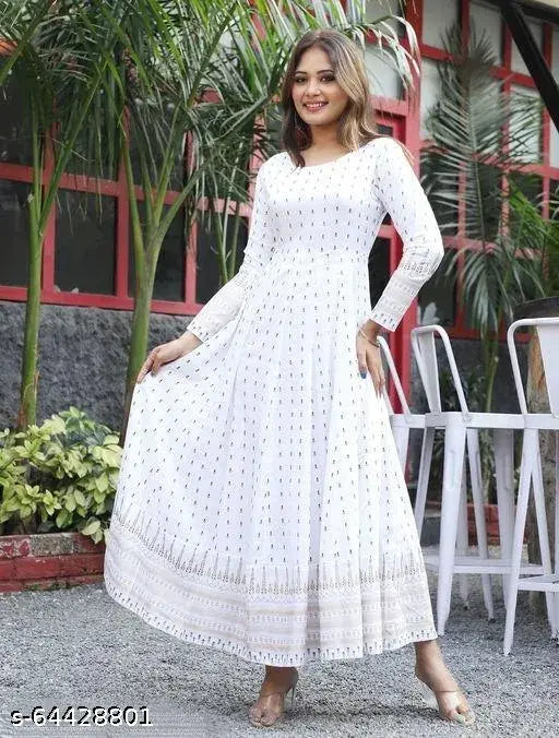 Rayon printed long Anarkali kurti for women, white with full sleeves, great for any occasion