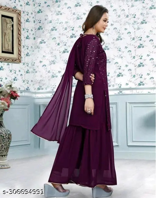 Georgette blend Kurta, Sharara & Dupatta Set - Embroidered, sleeveless, straight fit in soft, smooth fabric. Indian designer wear for parties, festivals, weddings & functions. Hand wash only