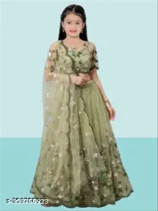 Pista pack of 1: Embroidered FULPARI Lehenga Choli and Dupatta set for girls, net fabric with short sleeves, party wear ethnic & western wear, India origin