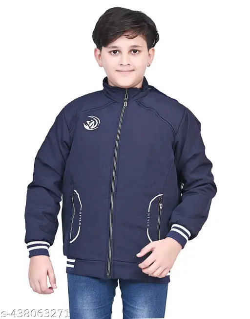 Solid black cotton blend boys' jacket with printed net design, perfect for outdoor adventures