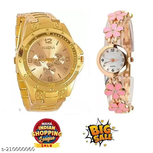 Royal blue flower design analog wristwatch with gold stainless steel case and bracelet, women's fashion accessory