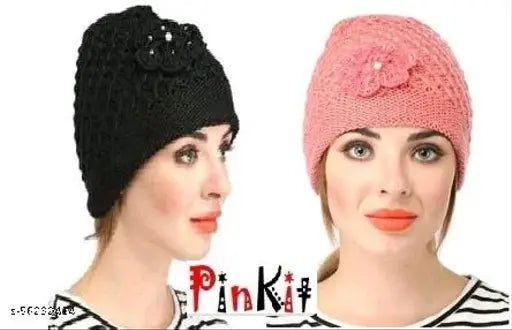 Warm, textured wool beanie caps (Black, Gajri color), perfect for winter for girls and women - pack of 2