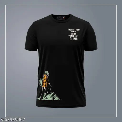 Black cotton trekking print t-shirt with a climber design, 100% cotton.