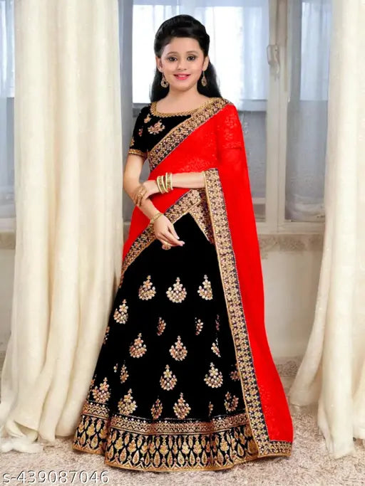Soft silk lehenga choli girls set with embroidered designs on net dupatta and short sleeves, Indian traditional attire for kids (2-15 years)