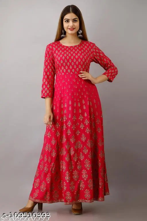 Pink printed long anarkali kurta for women