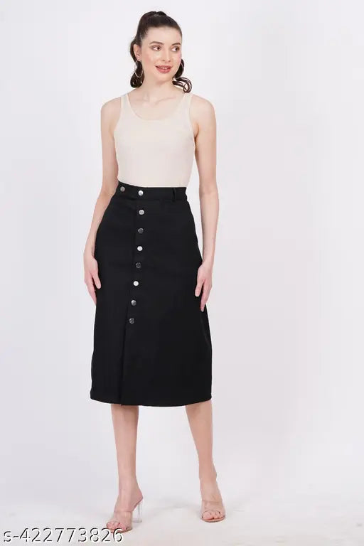 Solid navy blue denim midi skirt with high-rise waist and side slit, perfect for elegant events on warm days