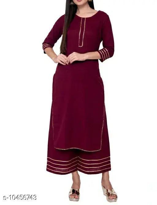 Rayon Slub A-line solid long kurti with Palazzos, Indian women's traditional outfit in rayon slub fabric