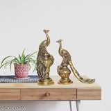 Gold peacock figurines pair, ornate metal bird showpieces for home & office décor (16x45x16 CM each)