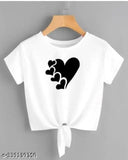 White lycra crop top with heart print for women & girls, trendy round neck knot style, short sleeves, India origin