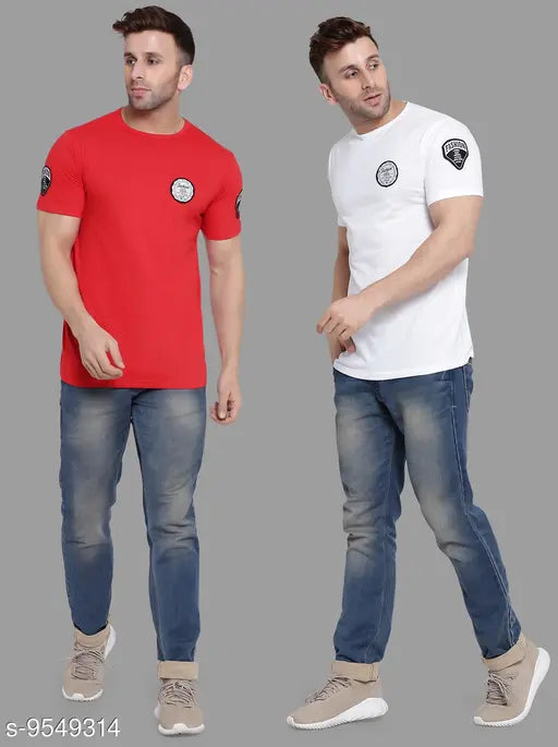 Geum Men's Printed Red Cotton Blend Round T-shirts Pack 2 - Two short-sleeved t-shirts featuring a print design, available in sizes S, M, L, and XL
