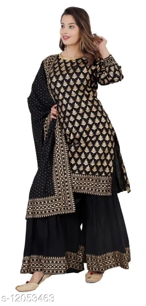 Women's black rayon floral kurta set with sharara, midi length