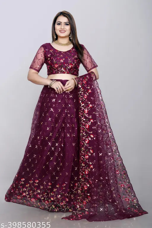 Ethnic net lehenga choli with sequin work for women, 44m waist, 44m length, 2.5m dupatta