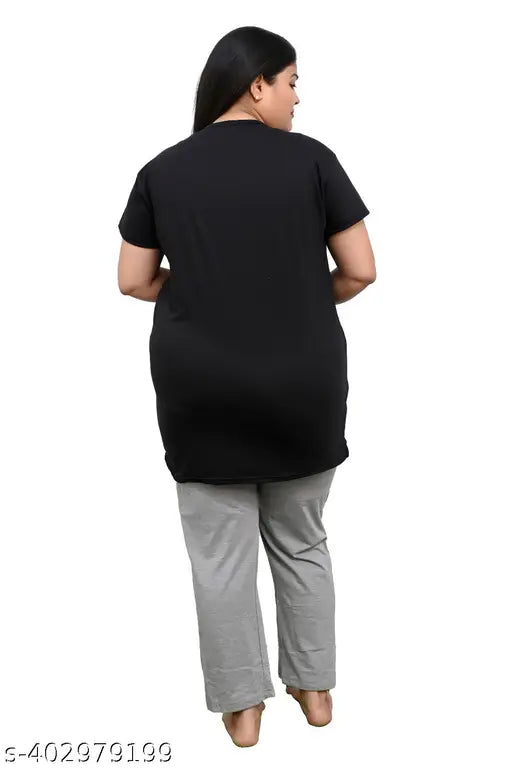 Printed cotton blend long t-shirt and pajama night set for lucid dreams, available in L, XL, XXL, and 4XL sizes