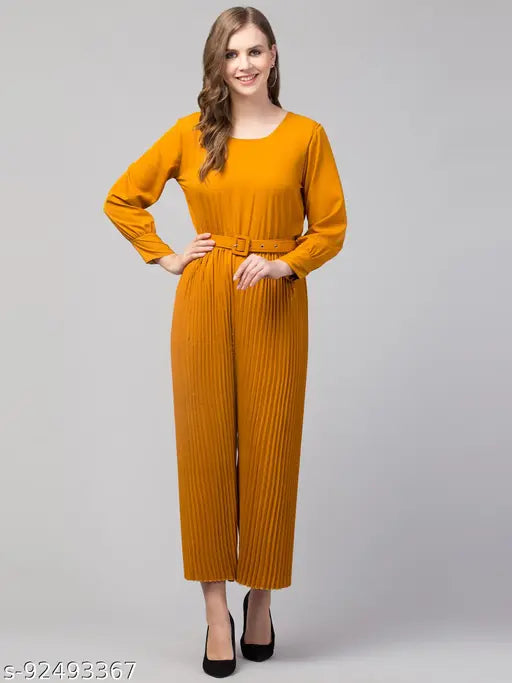 Indian crepe women's long-sleeve jumpsuit, solid pattern, gathered-belted style