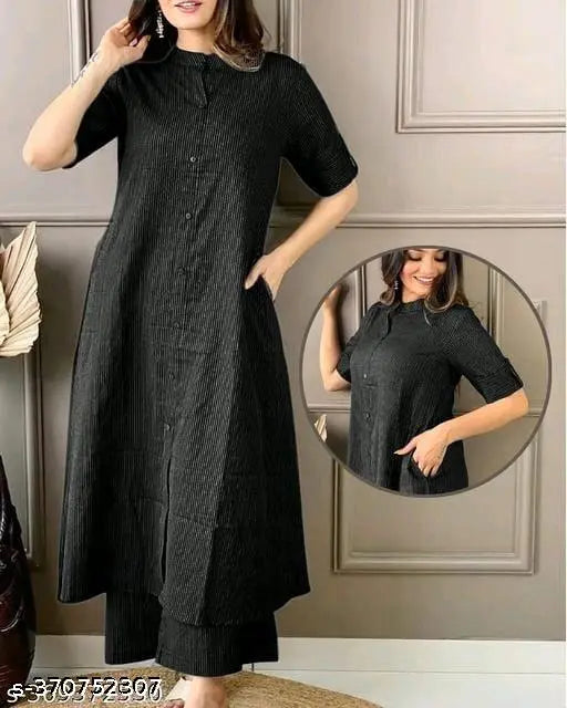 Black striped three-quarter sleeve cotton kurti, S-XXXL sizes for women's party wear with net dupatta