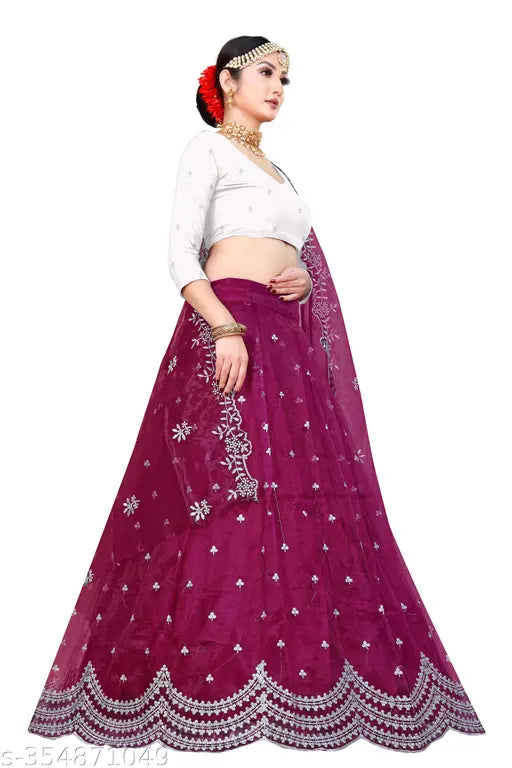 Embroidered net semi-stitched dupion silk Lehenga Choli with cut work border, free size (Lehenga waist 44m, length 43m, Dupatta length 2.5m)